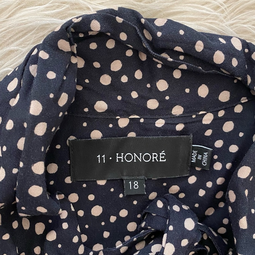 11 Honore Black Tan Scatter Polka Dot Long Sleeve Tie V-Neck Flowy Mini Dress - Picture 9 of 12